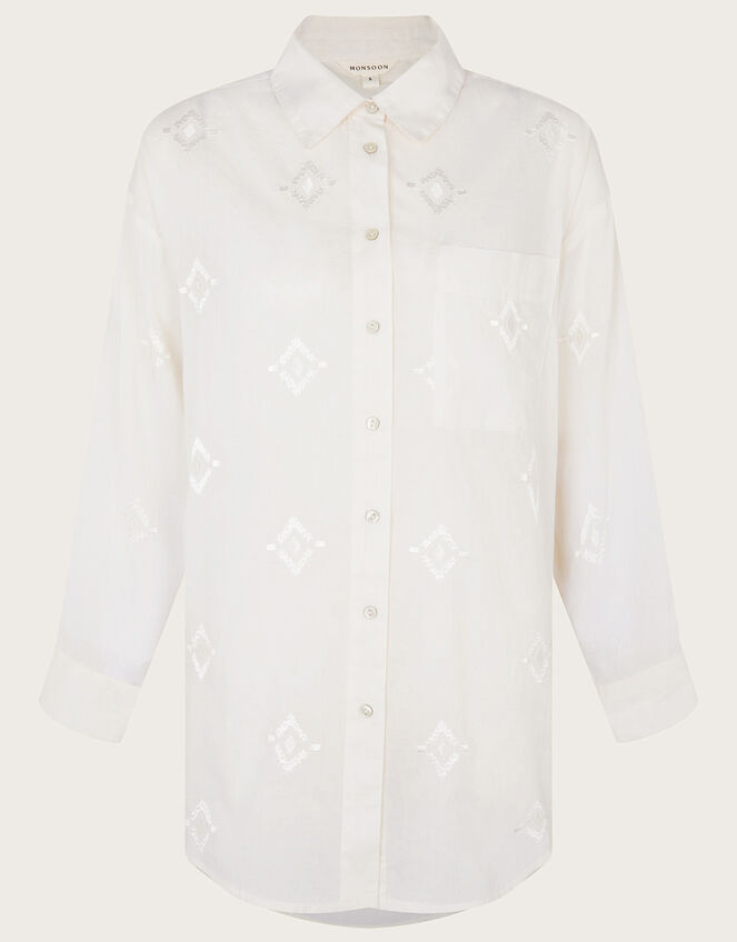 Diamond Embroidered Beach Shirt, White (WHITE), large
