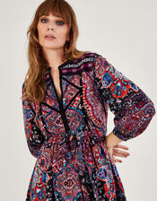 Velvet Trim Printed Short Jersey Dress, Blue (NAVY), large