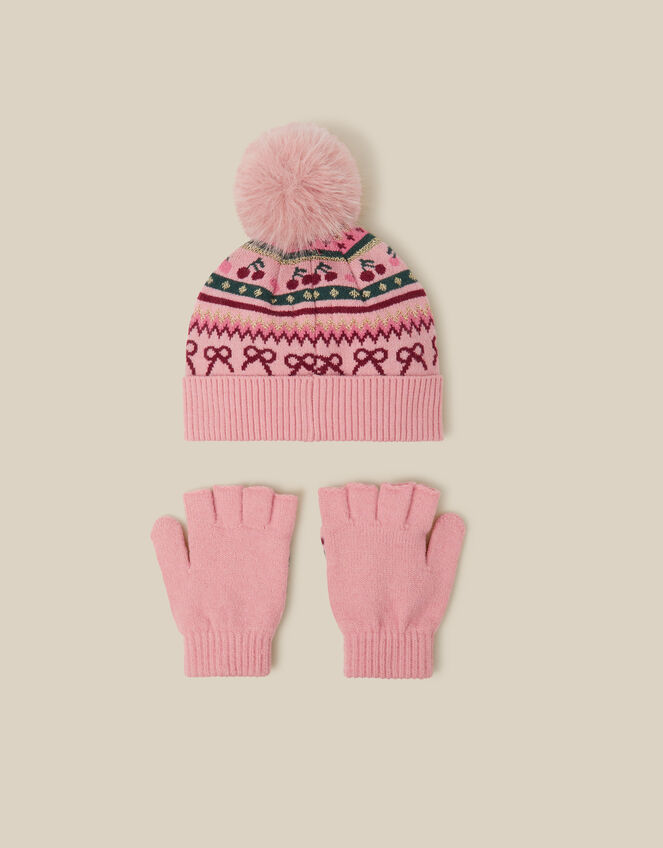 Cherry Fair Isle Bobble Hat & Gloves Set, Multi (MULTI), large