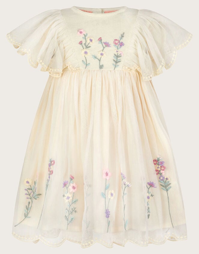 Baby Floral Embroidered Tulle Dress, Ivory (IVORY), large
