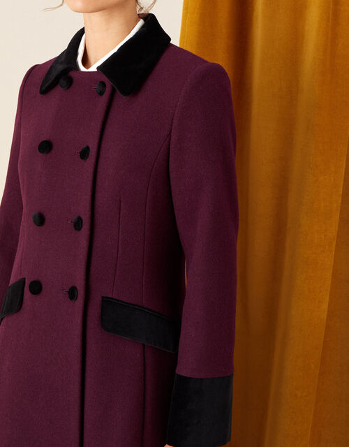 Velvet Trim Skirted Coat, Red (BERRY), large