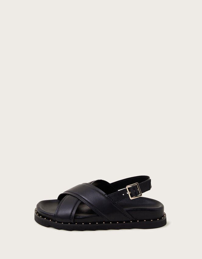 Leather Cross-Over Strap Sandals, Black (BLACK), large