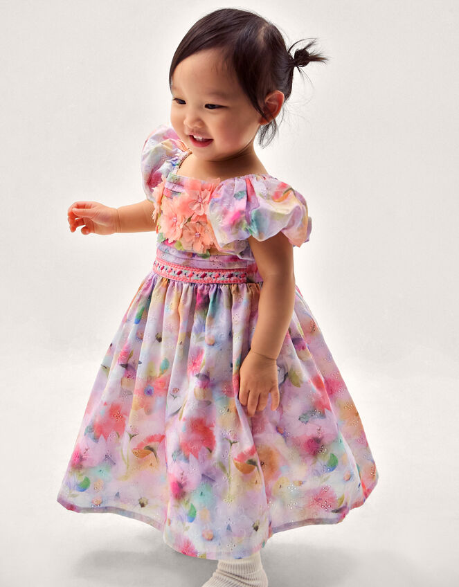 Baby Floral Broderie Puff Sleeve Party Dress, Pink (PINK), large