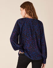 Animal Print Beaded Neck Blouse, Blue (BLUE), large