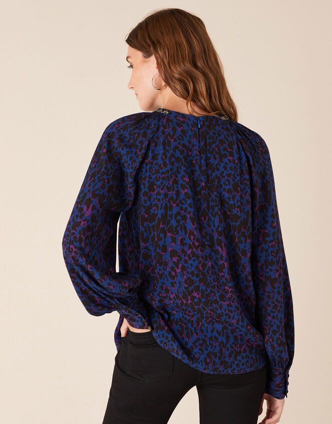 Animal Print Beaded Neck Blouse, Blue (BLUE), large