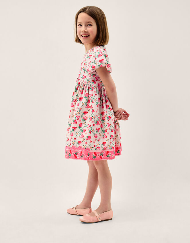 Puff Sleeve Strawberry Print Dress, Ivory (IVORY), large