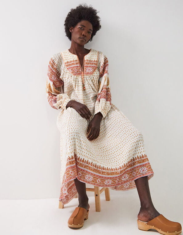East Tilly Hand-Block Print Midi Smock Dress, Yellow (MUSTARD), large