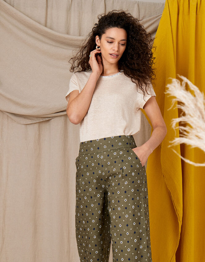 Marnie Printed Culottes in Pure Linen, Green (KHAKI), large