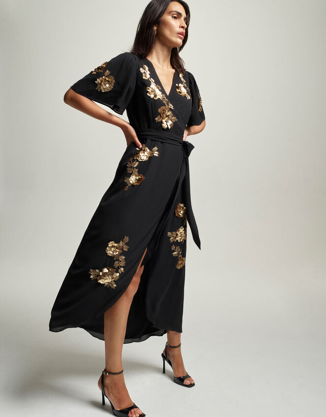 Sarah Sequin Floral Midi Wrap Dress, Black (BLACK), large