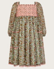 Long Sleeve Paisley Yoke Dress, Green (GREEN), large