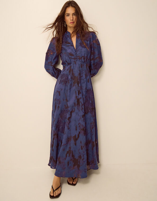 Glen Floral Jacquard Midi Dress, Blue (NAVY), large