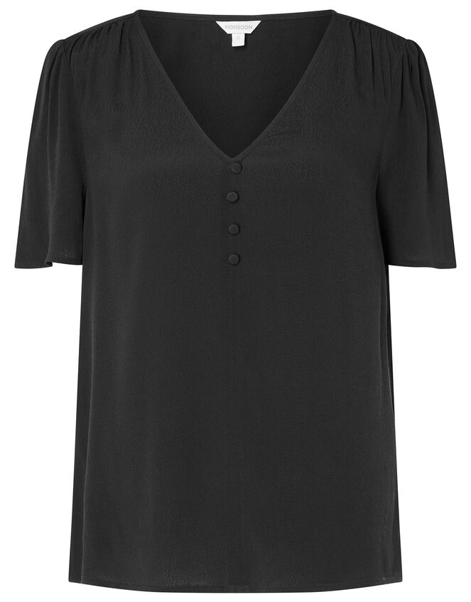 Button Front V-Neck Top, Black (BLACK), large
