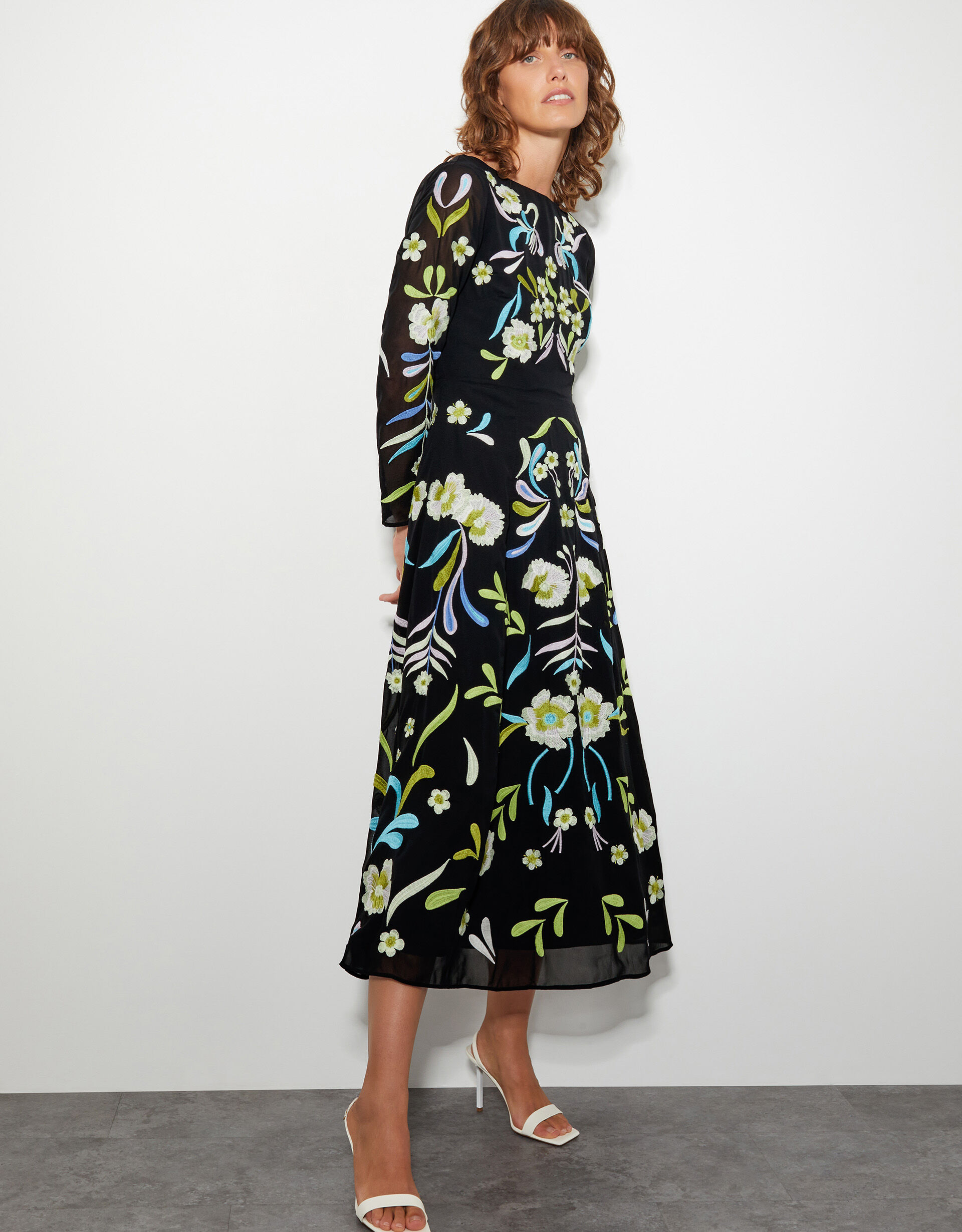 Ellen Embroidered Floral Midi Dress Black