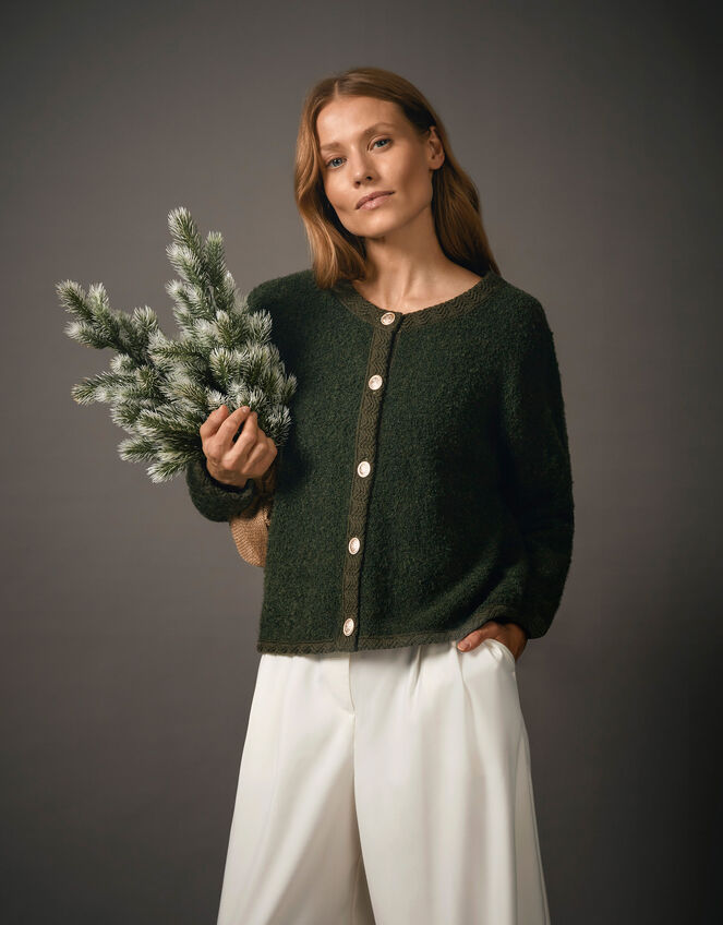 Bevan Boucle Cardigan, Green (KHAKI), large