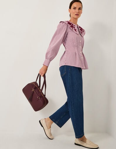 Marta Floral Embroidered Stripe Shirt, Red (CHERRY), large