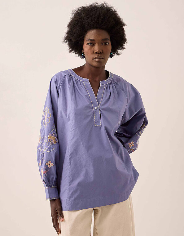 East Anyar Embroidered Cotton Blouse, Blue (MID BLUE), large