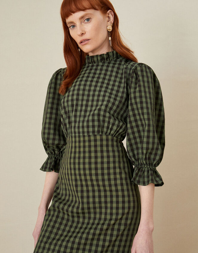 Check Tier Hem Midi Dress, Green (KHAKI), large