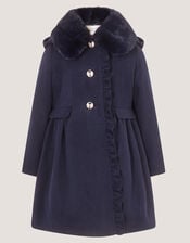 Faux Fur Collar Frill Coat, Blue (NAVY), large