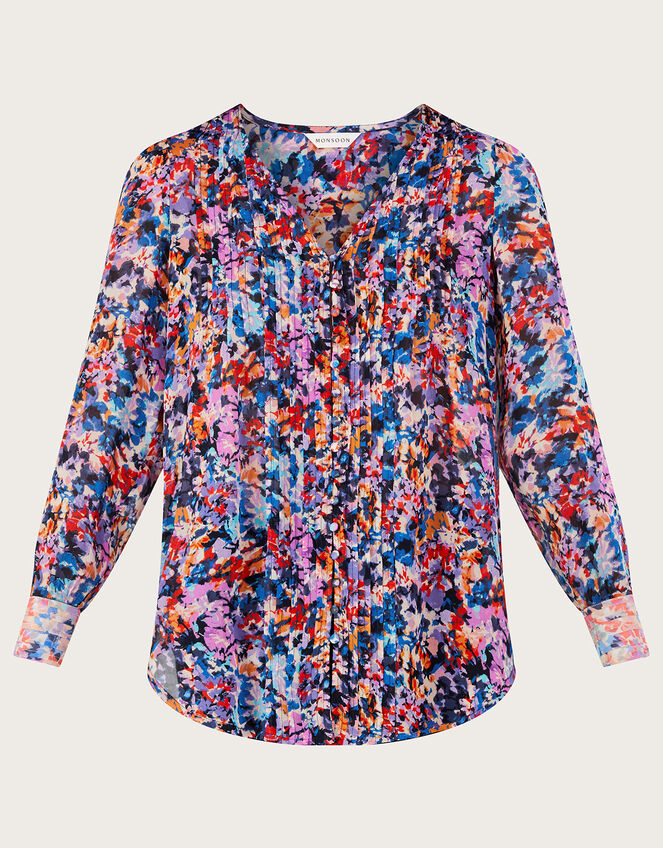 Palmer Print Pleated Blouse in Sustainable Viscose, Ivory (IVORY), large