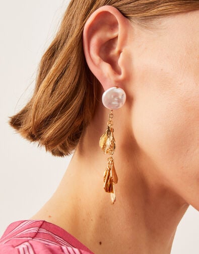 Pearl Chain Leaf Drop Earrings, , large
