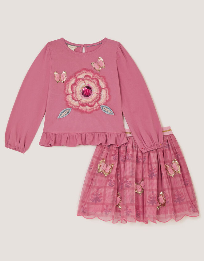 Sequin Butterfly Long Sleeve Top & Disco Skirt Set, Pink (PINK), large