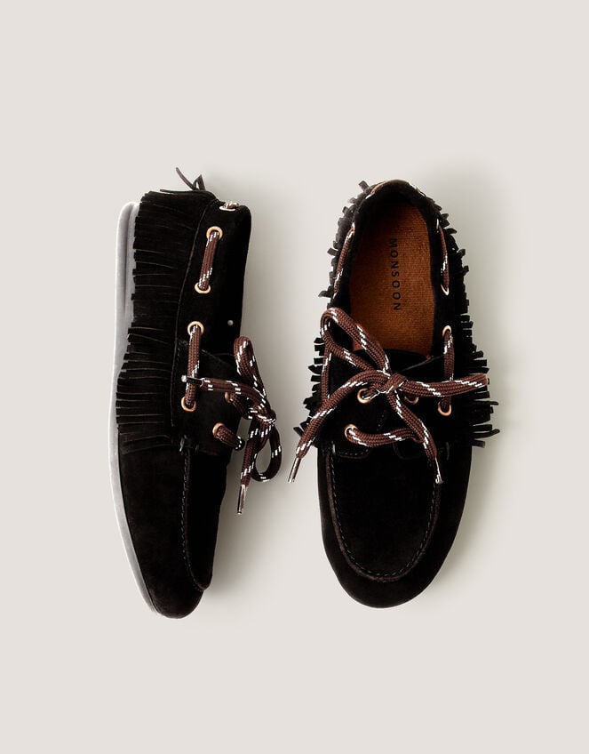 Alba Fringe Suede Moccasin Loafers, Black (BLACK), large