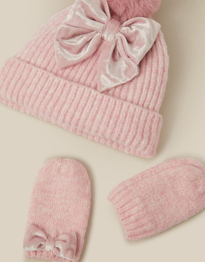 Baby Bow Beanie Hat & Mittens Set, Pink (PINK), large