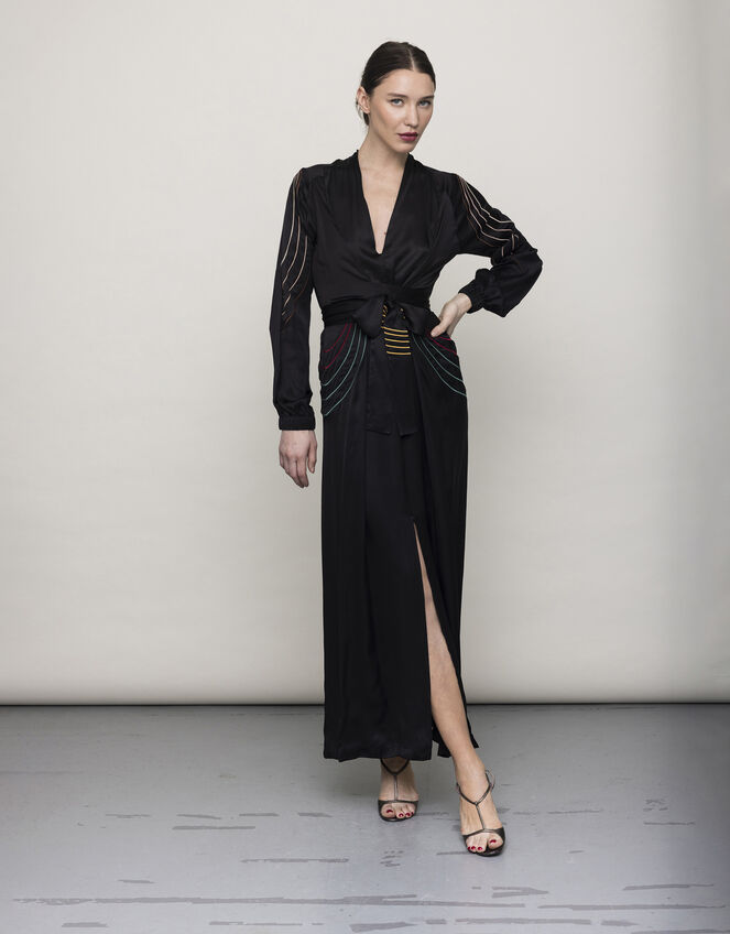 Tallulah and Hope Regular Length Satin Wrap Dress, Black (BLACK), large