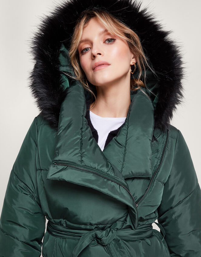 Pauline Padded Fur Hood Coat in Recycled Polyester Green | Women's Coats |  Monsoon UK.