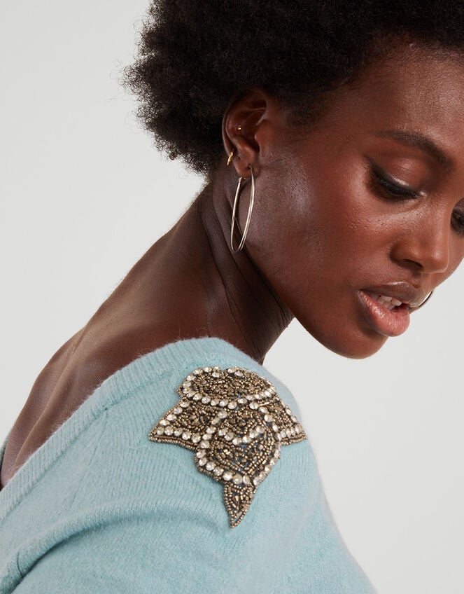 Embellished Shoulder Scoop Neck Jumper, Teal (DUCK EGG), large
