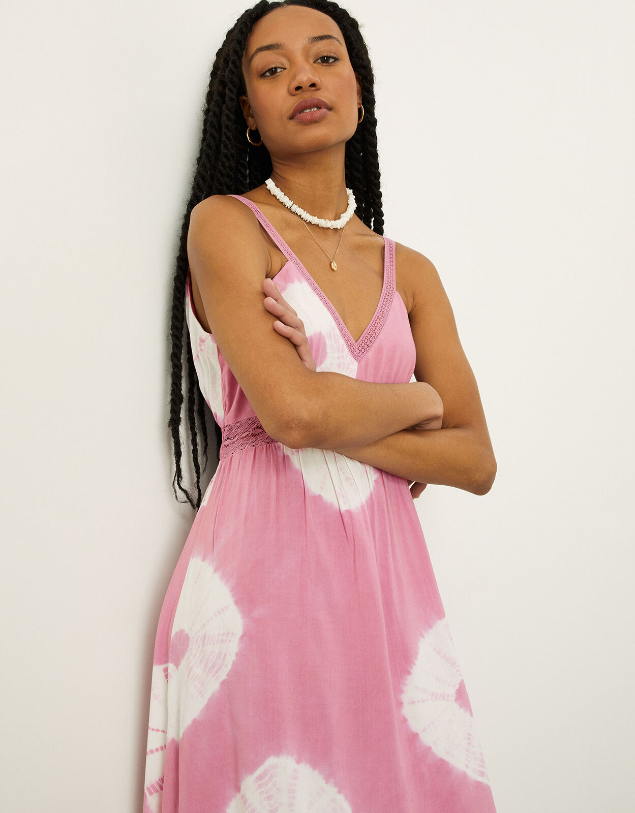 Batik Tie Dye Lace Trim Midi Dress Pink 