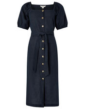 Tina Midi Dress in Linen and Organic Cotton, Blue (NAVY), large