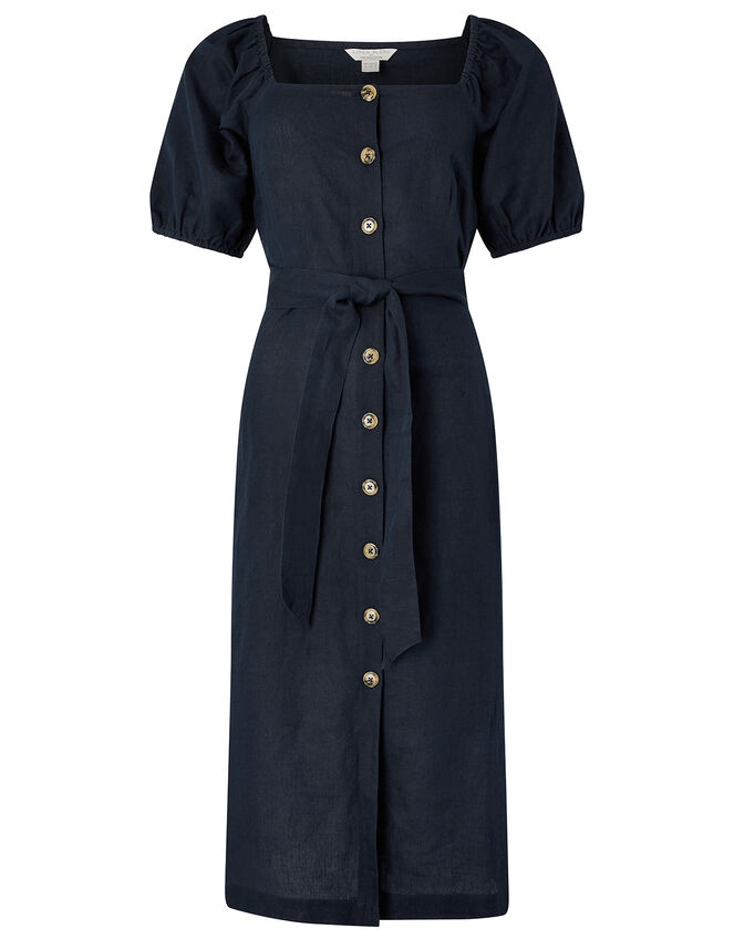Tina Midi Dress in Linen and Organic Cotton, Blue (NAVY), large