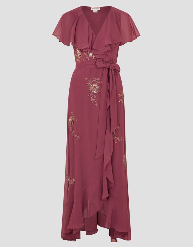 Ausha Floral Embellished Maxi Wrap Dress, DARK PINK, large