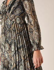 Geometric Print Pleated Dress, Grey (GREY), large