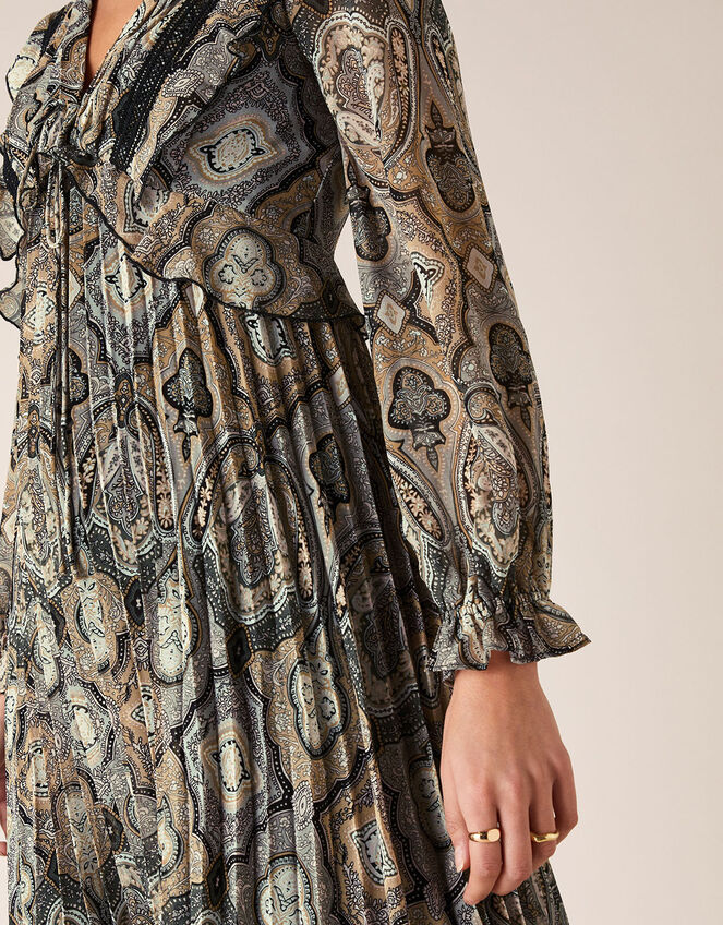 Geometric Print Pleated Dress, Grey (GREY), large