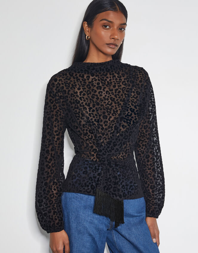 Deb Devoré Leopard Print Sheer Top, Black (BLACK), large