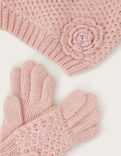 Flower Beanie and Gloves Set, Pink (PINK), large
