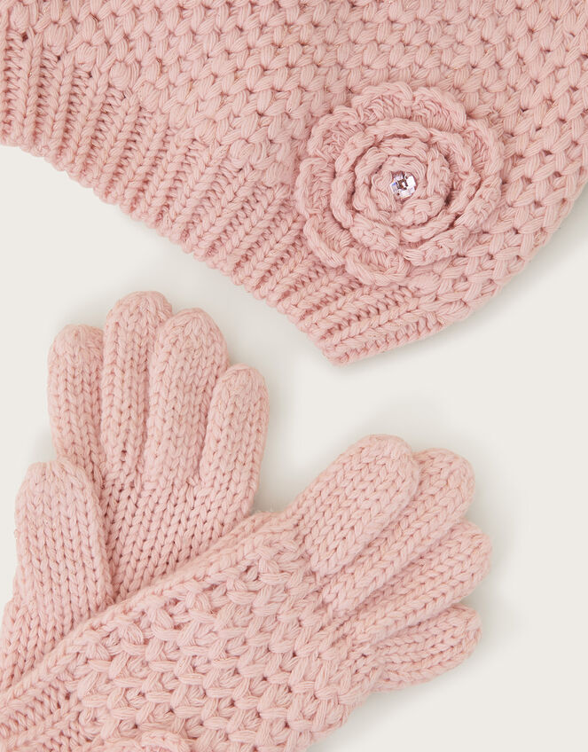 Flower Beanie and Gloves Set, Pink (PINK), large