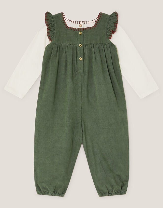Long Sleeve Top & Floral Corduroy Dungarees Set, Green (GREEN), large
