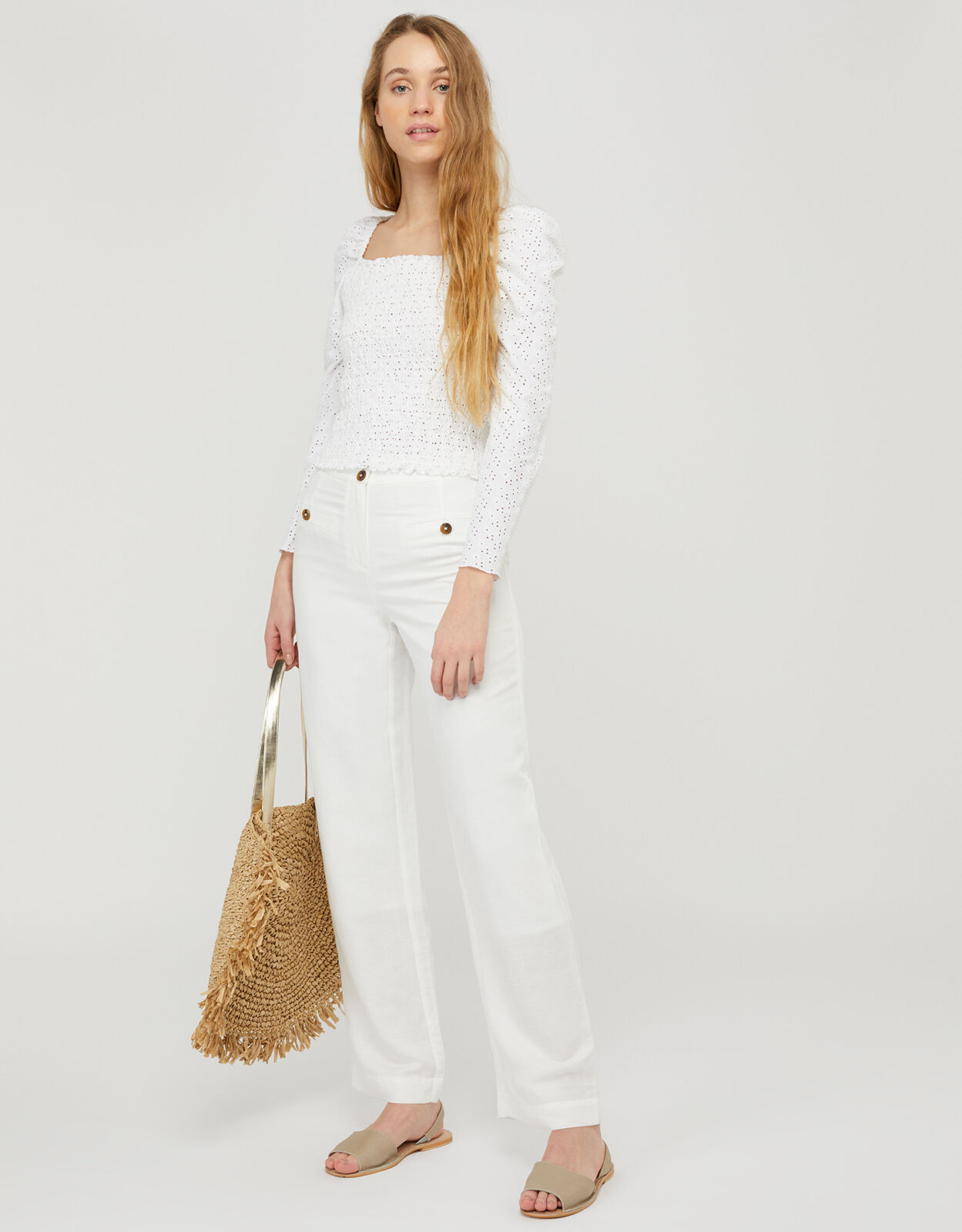 Charlotte Regular Length Trousers in Linen Blend White