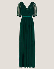 Ellie Sheer Sleeve Plunge Tulle Maxi Dress, Green (DARK GREEN), large