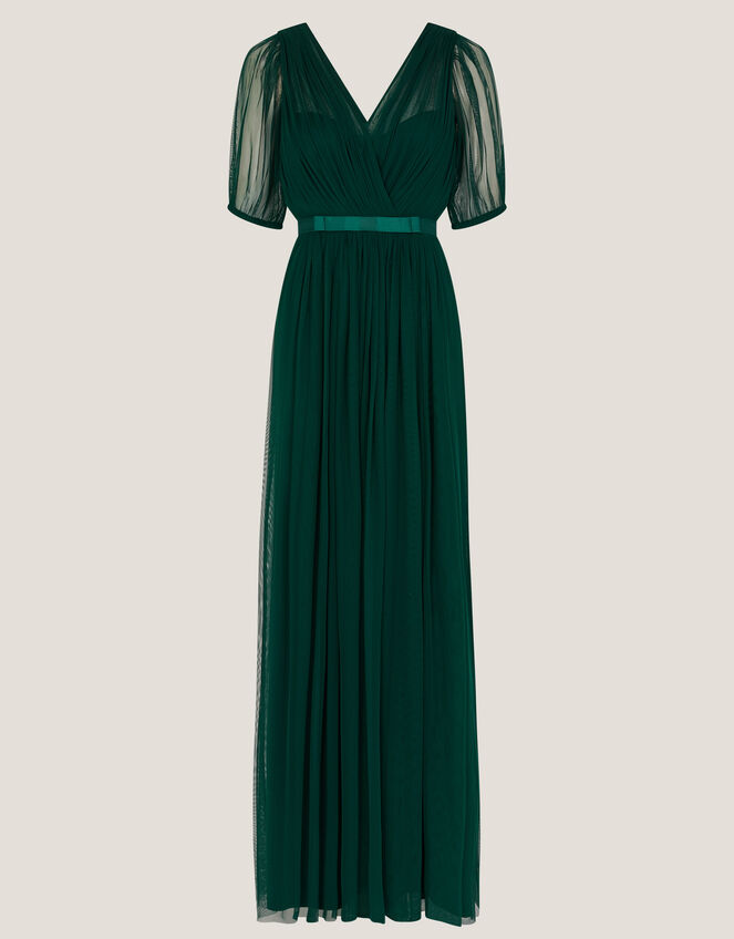 Ellie Sheer Sleeve Plunge Tulle Maxi Dress, Green (DARK GREEN), large