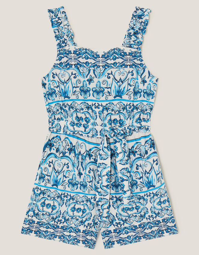 Ornate Floral Print Playsuit, Blue (BLUE), large