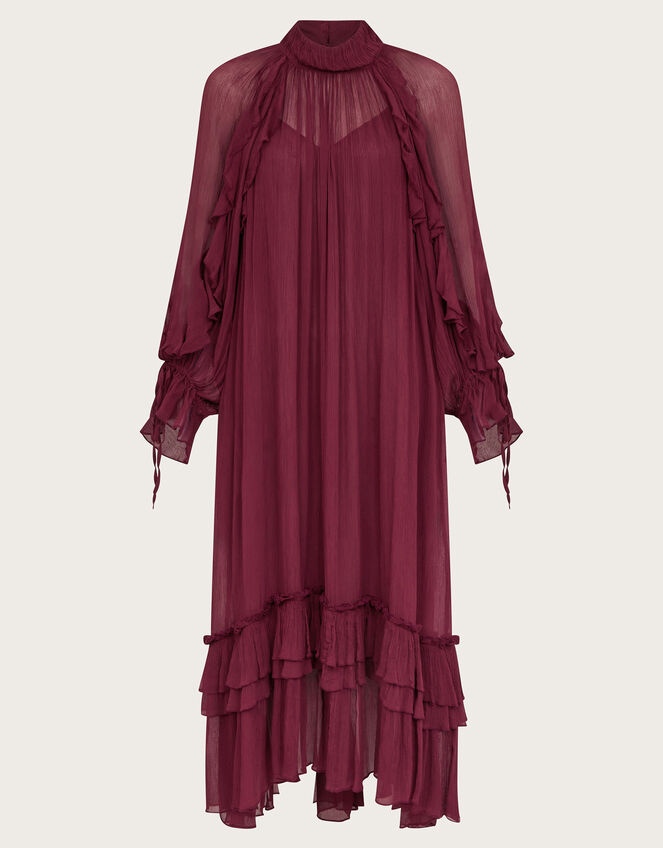 Kelly Long Sleeve Ruffle Midi Dress, Red (BERRY), large