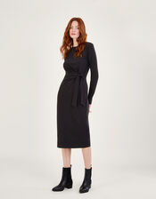 Long Sleeve Side Knot Midi Jersey Dress, Black (BLACK), large