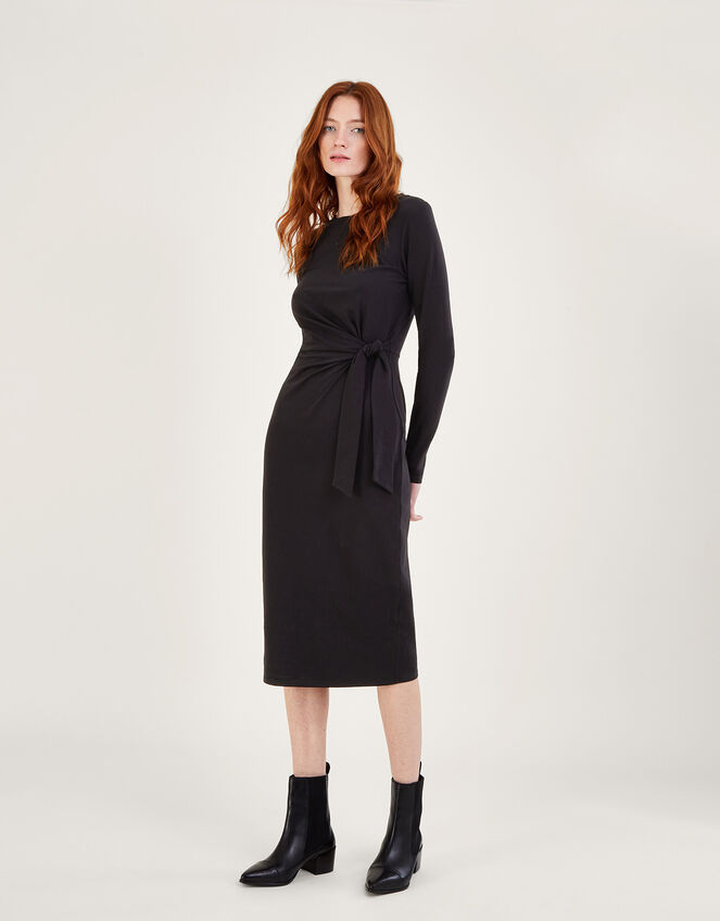 Long Sleeve Side Knot Midi Jersey Dress, Black (BLACK), large