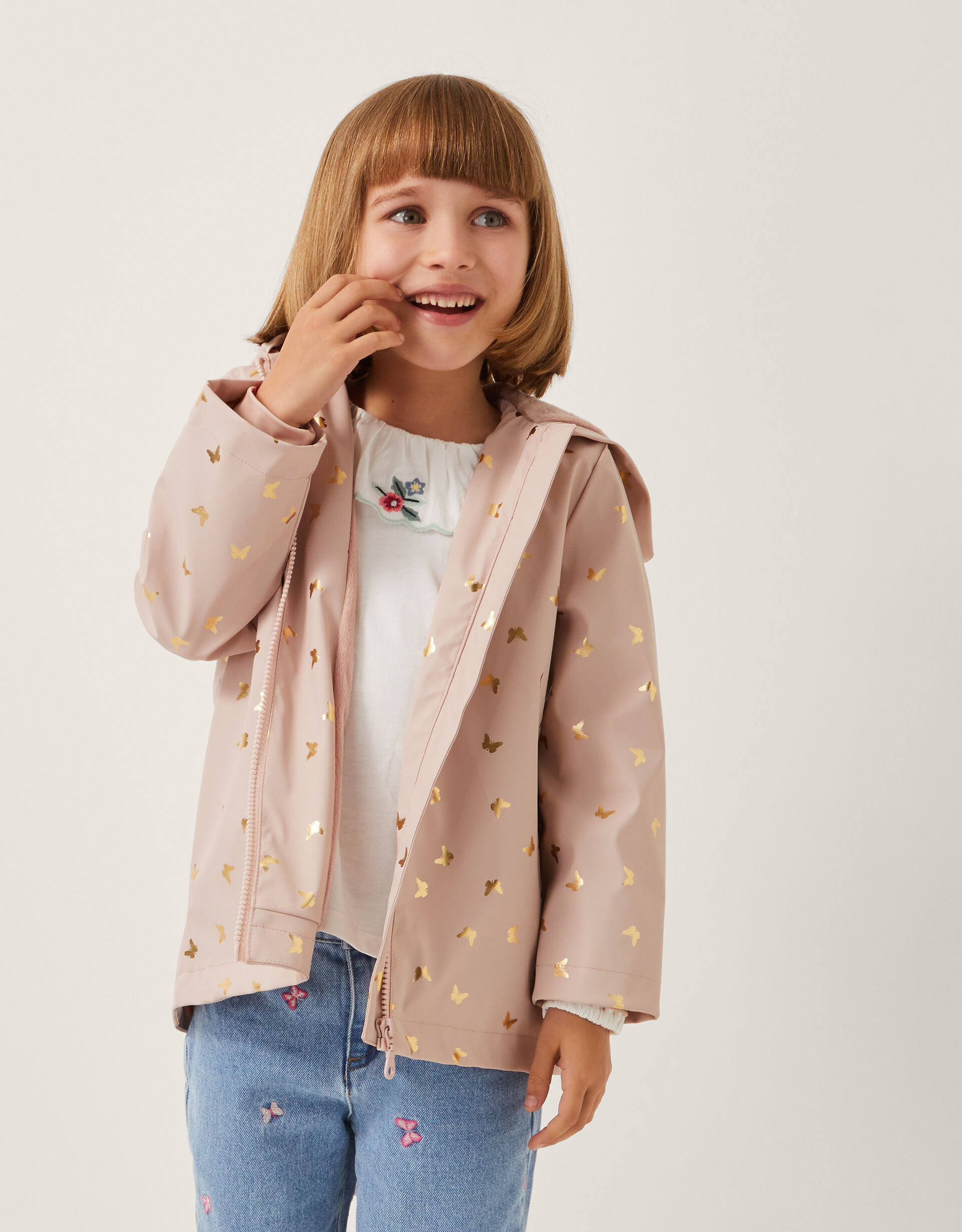 Foil Butterfly Print Rain Coat Pink