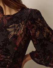 Dora Long Sleeve Floral Devor&eacute; Midi Dress, Black (BLACK), large
