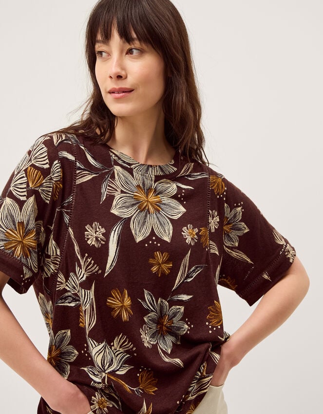 Esther Floral Linen Blend T-Shirt, Brown (CHOCOLATE), large
